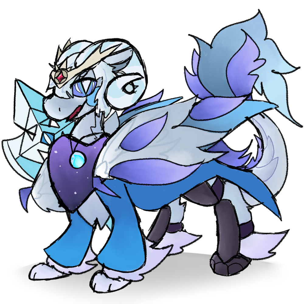 A drawing of Noell (Midnight Blizzard outfit) facing left, regarding the viewer with a slightly menacing expression. Their appearance is very different than how it appears on the site. They are overall a bluish-gray, with their wings and tail fluff being a bit darker and streaked with long periwinkle feathers. Their eyes are similarly periwinkle with white pupils, they have a short mane of white, and their roundhorns are striped white and light blue. Their halberd is blue and white.